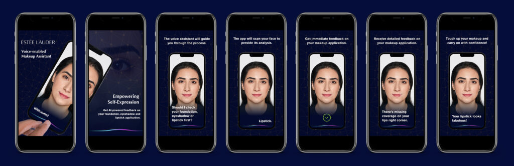 advertising image: a series of phone screens demonstrating how the VMA app scans the users face and provides feedback. 
