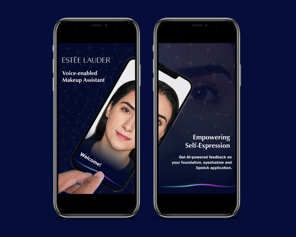 Advertising Image: Phone screens display the title of the Voice-enabled Makeup Assistant, shows woman's face on phone screen.